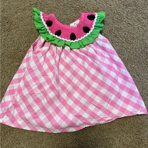 Marie Nicole Watermelon Pink Gingham Dress with Green Trim
